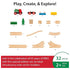 BRIO 65th Anniversary Train Set contents with 32 wooden pieces including locomotive, wagons, cargo, track sections, bridge parts, and green tree accessories.