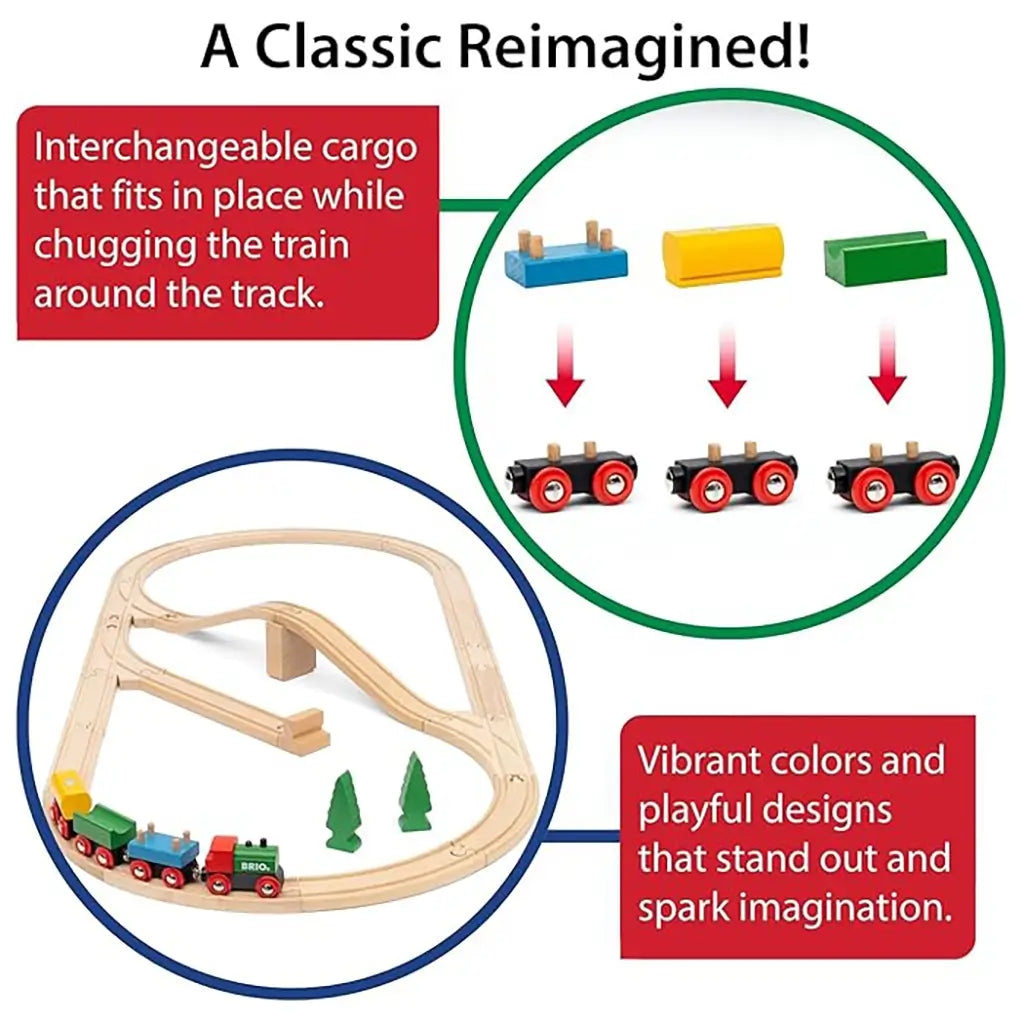 BRIO 65th Anniversary Train Set with interchangeable cargo pieces for wagons, showing red, blue, green, and yellow blocks that fit onto wooden train cars.