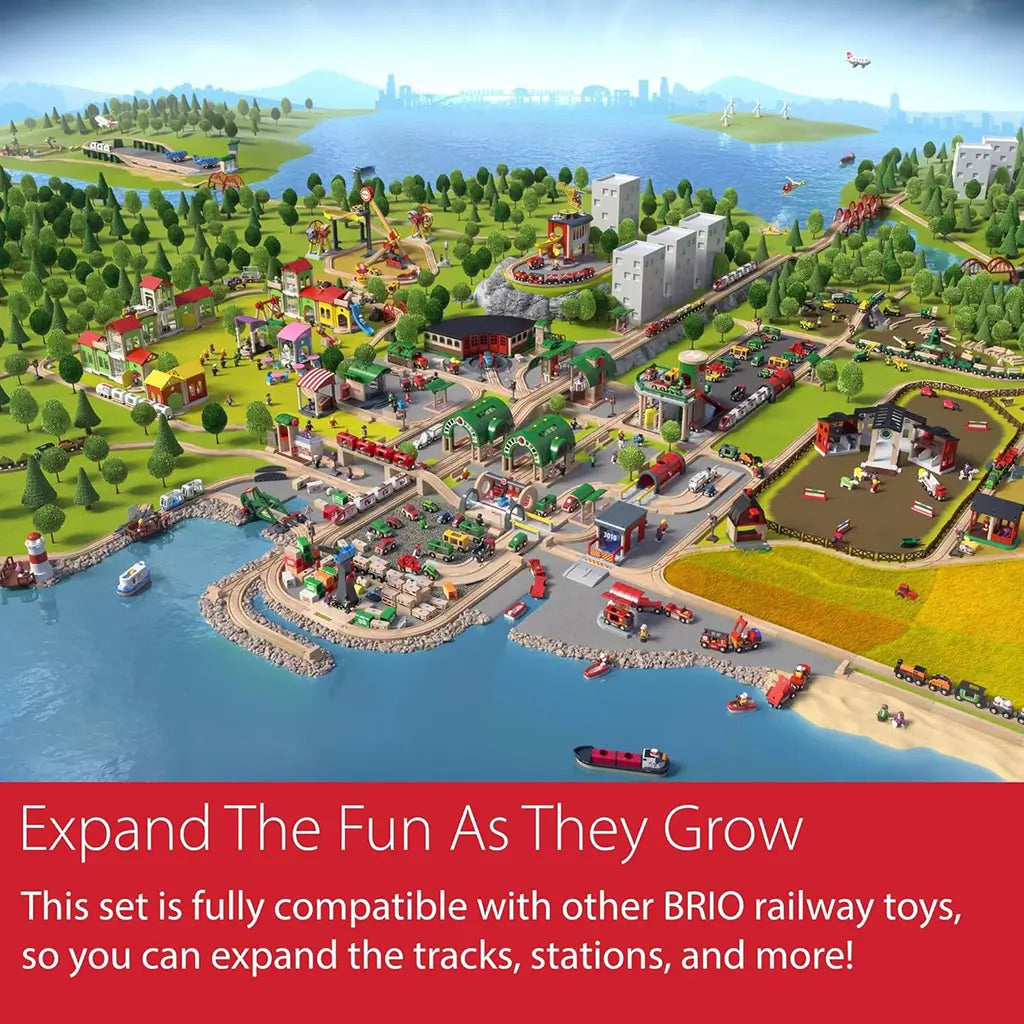 Colorful BRIO World illustration with trains, tracks, stations, farms, and harbor showing how sets connect, emphasizing compatibility and expansion across play themes.