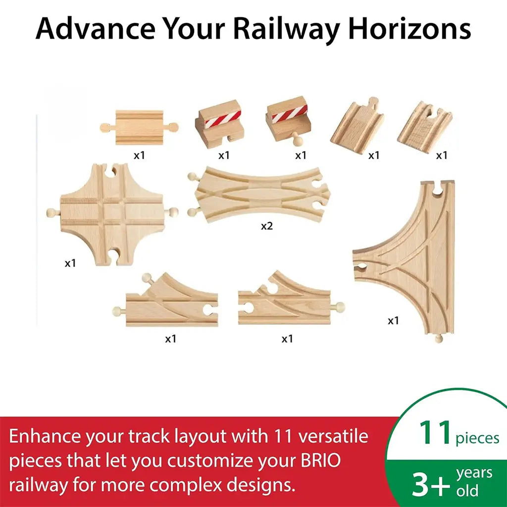 Layout of 11-piece BRIO Advanced Expansion Pack showing wooden crossings, curved junctions, track stoppers, and connectors for creating complex railway layouts.