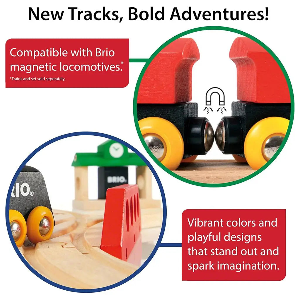 BRIO track close-ups highlighting wooden rail pieces with magnetic train connectors, vibrant red and yellow wheels, and playful colors designed to spark creativity.