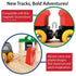BRIO track close-ups highlighting wooden rail pieces with magnetic train connectors, vibrant red and yellow wheels, and playful colors designed to spark creativity.