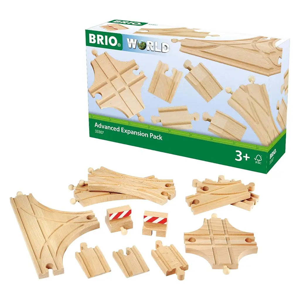 BRIO World Advanced Expansion Pack box with assorted wooden track pieces including junctions, crossings, and switches, designed for children ages 3 and up.