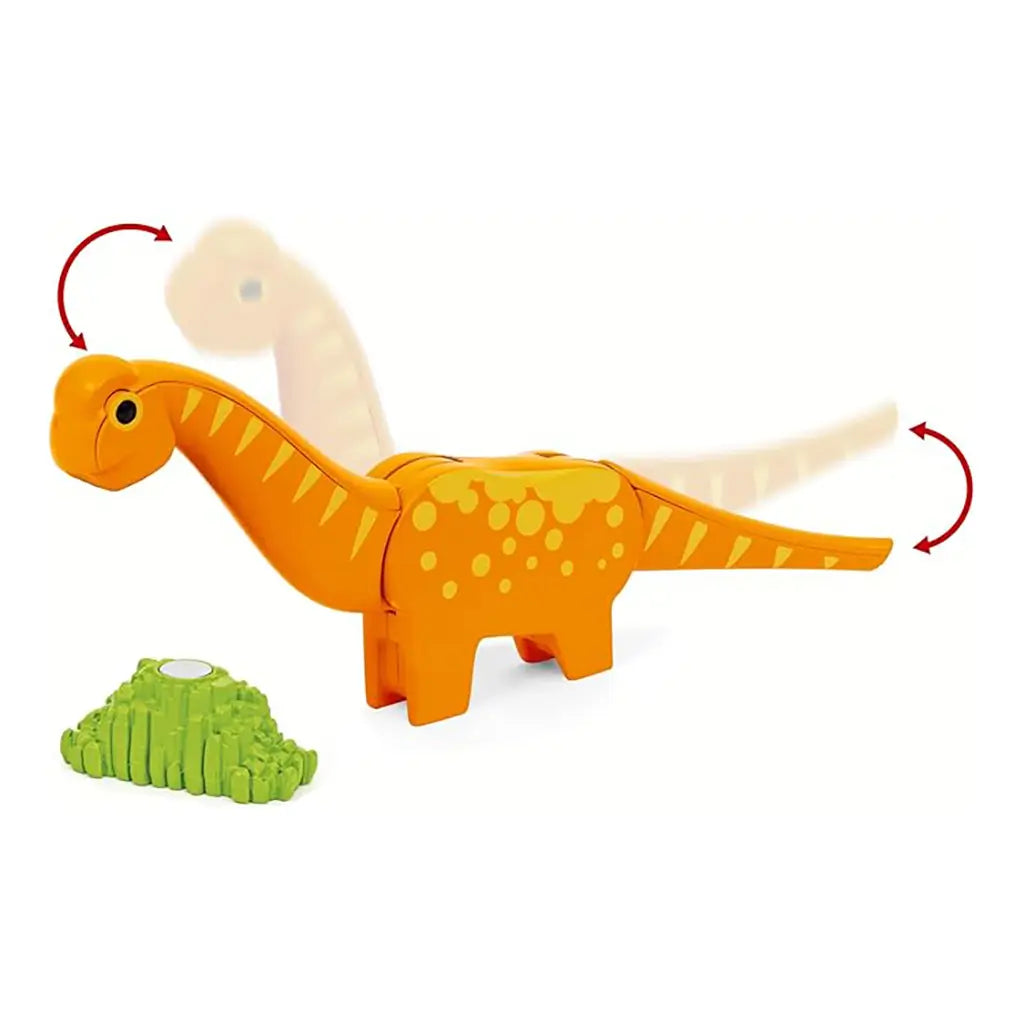 BRIO Dinosaur Circle Train Set orange brachiosaurus toy with articulated neck and tail movement, shown beside detachable magnetic green foliage for interactive play.