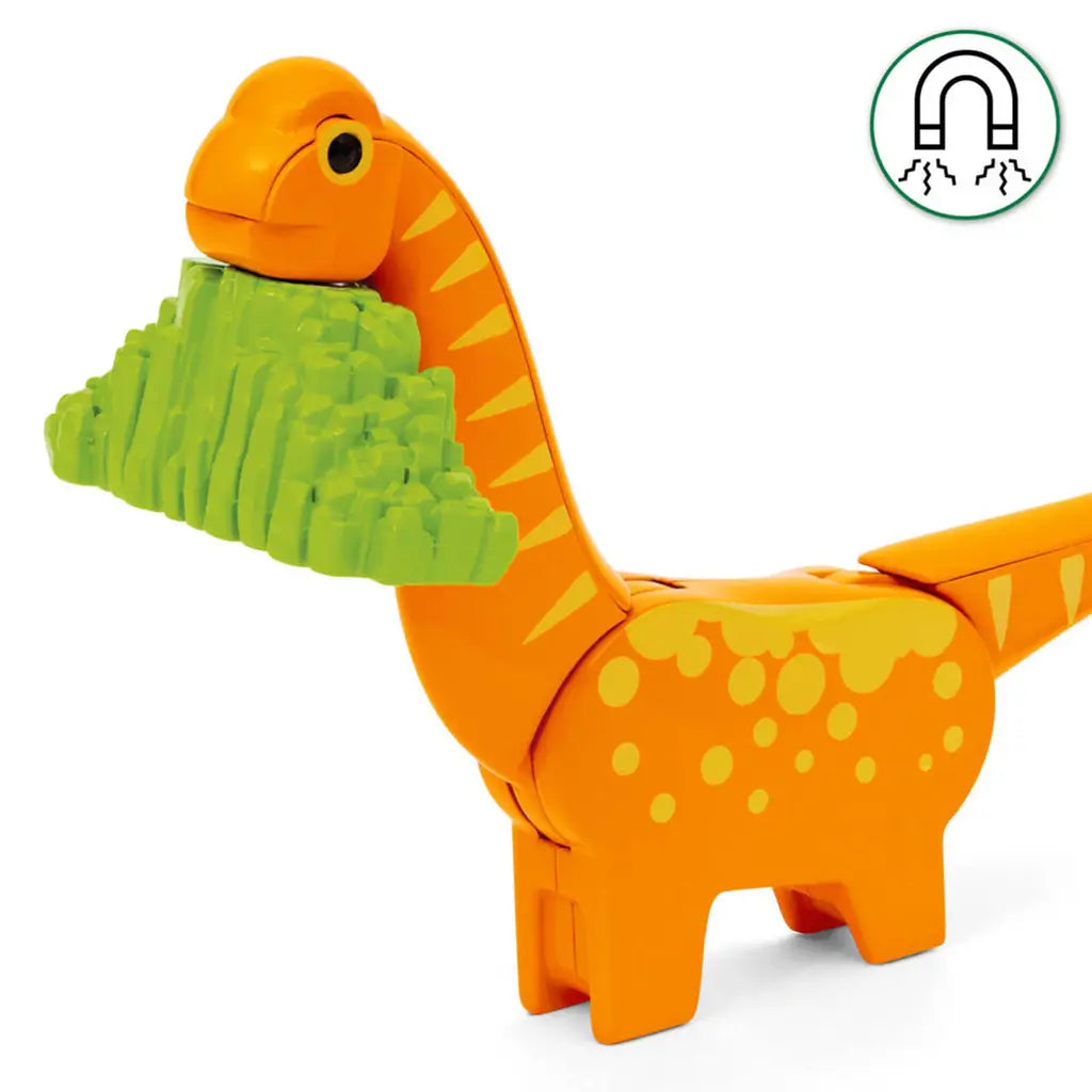 BRIO Dinosaur Circle Train Set orange brachiosaurus toy holding green foliage with magnetic mouth feature, designed with movable joints and bright yellow spots.