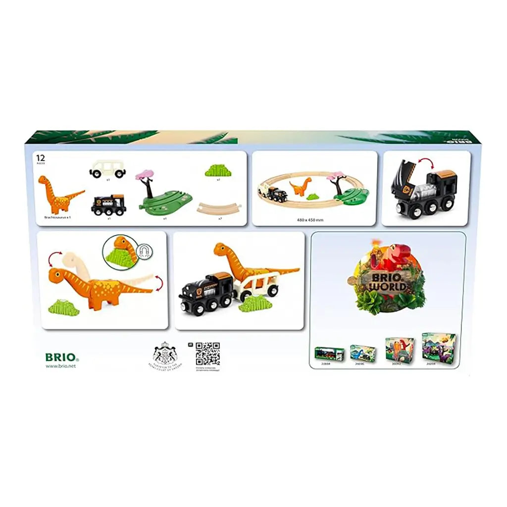 Back of BRIO Dinosaur Circle Train Set box displaying included brachiosaurus, locomotive, wagon, tree, track, and foliage with diagrams of features and play functions.