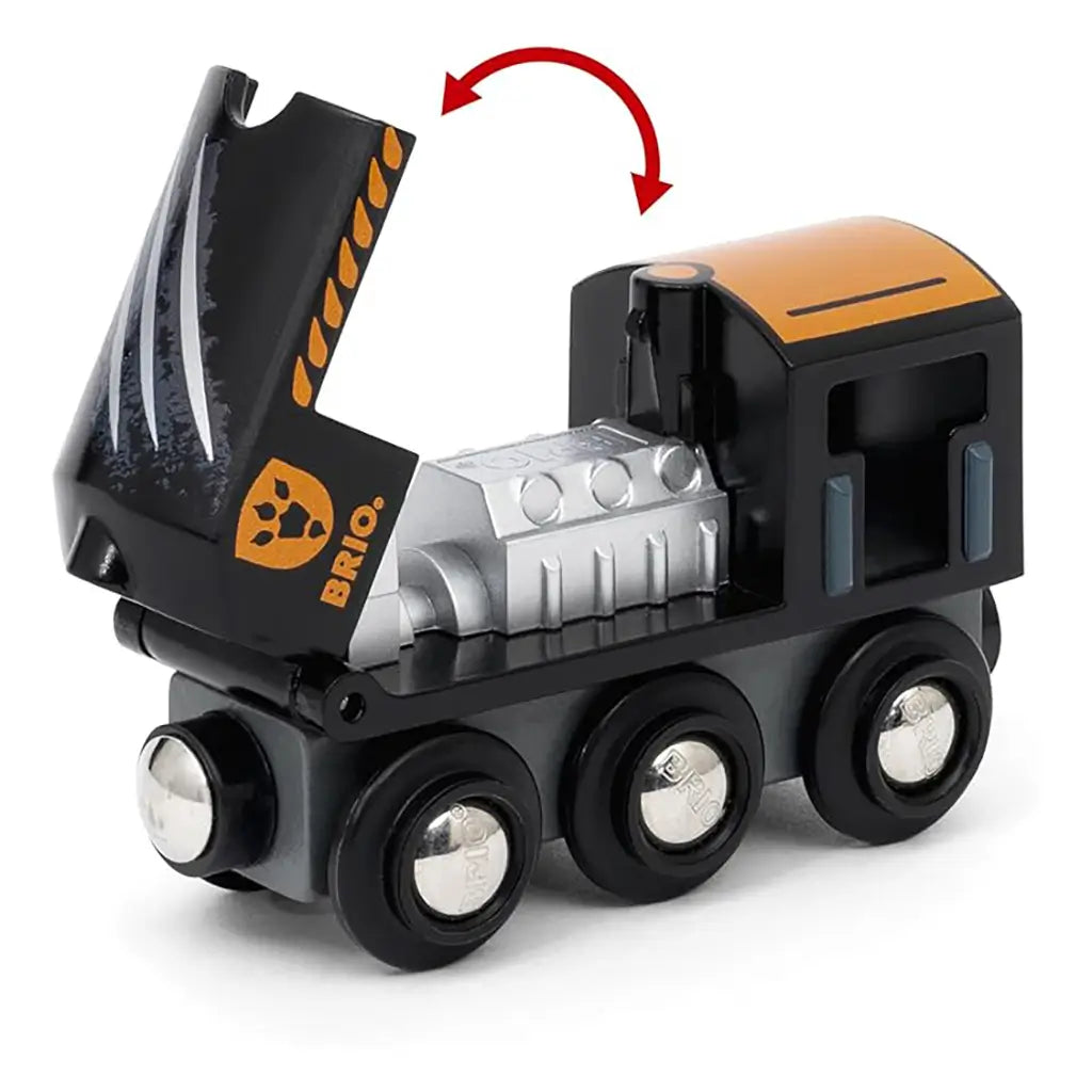 BRIO Dinosaur Circle Train Set black locomotive toy with orange and silver details, hinged top opening to reveal engine interior with mechanical design.