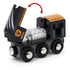 BRIO Dinosaur Circle Train Set black locomotive toy with orange and silver details, hinged top opening to reveal engine interior with mechanical design.