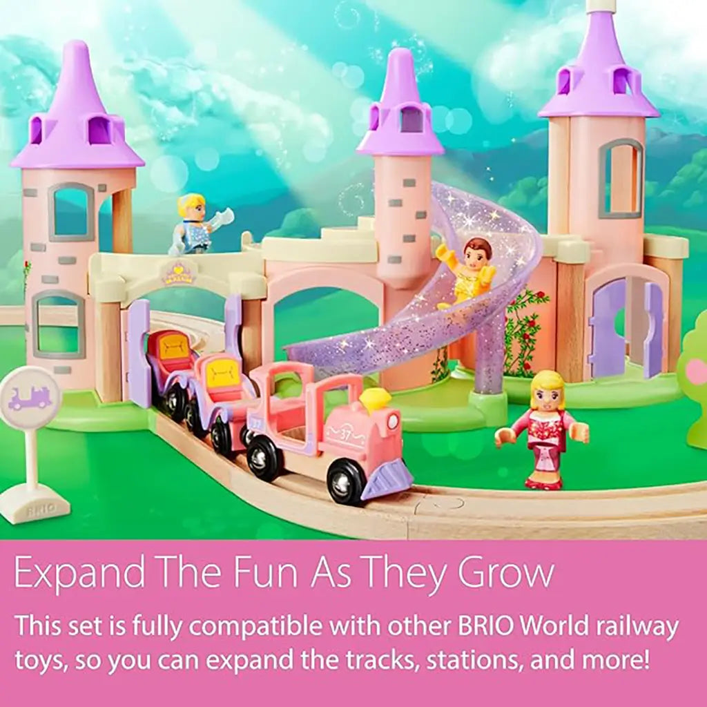 Close-up of BRIO Disney Princess Castle set highlighting compatibility with other BRIO World railway toys, with train cars, castle slide, princesses, and wooden track.