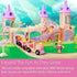 Close-up of BRIO Disney Princess Castle set highlighting compatibility with other BRIO World railway toys, with train cars, castle slide, princesses, and wooden track.