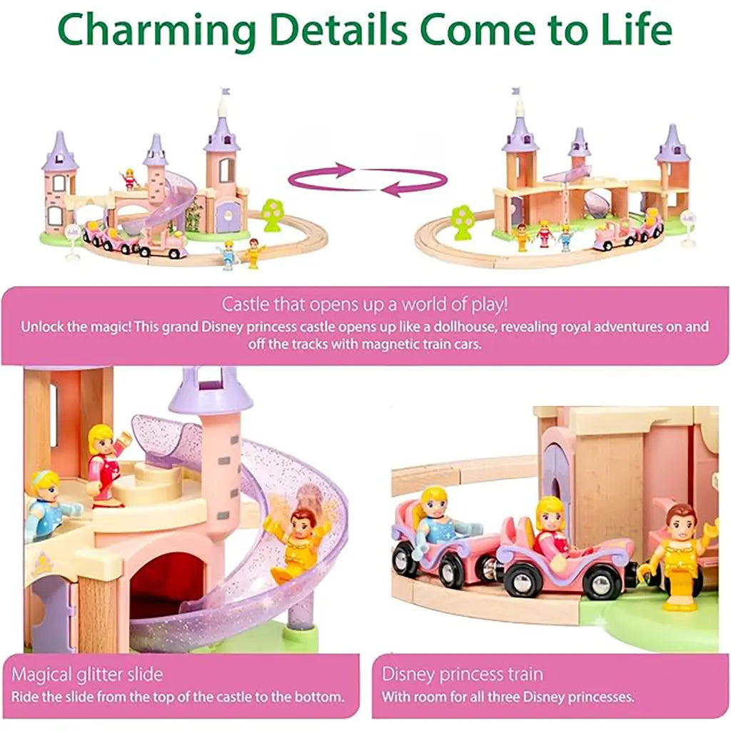 Detailed view of BRIO Disney Princess Castle set showing open castle play design, glitter slide, and magnetic pink train with seating for three included princess figures.