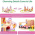 Detailed view of BRIO Disney Princess Castle set showing open castle play design, glitter slide, and magnetic pink train with seating for three included princess figures.