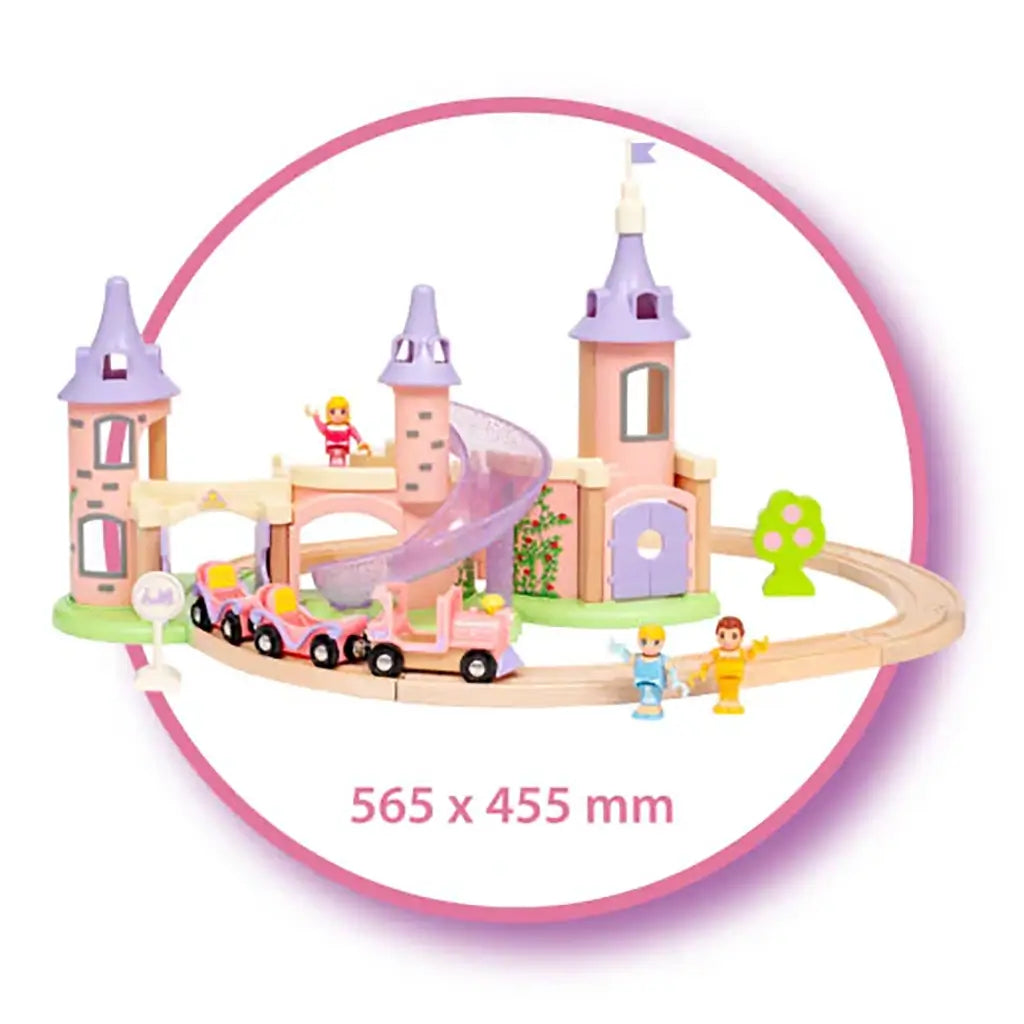Assembled BRIO Disney Princess Castle train set displayed with dimensions 565 x 455 mm, showing curved wooden tracks, castle towers, train, and princess characters.