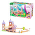 BRIO Disney Princess Castle train set shown with packaging, featuring a pink and purple castle playset, wooden tracks, royal train, and princess figures for creative play.