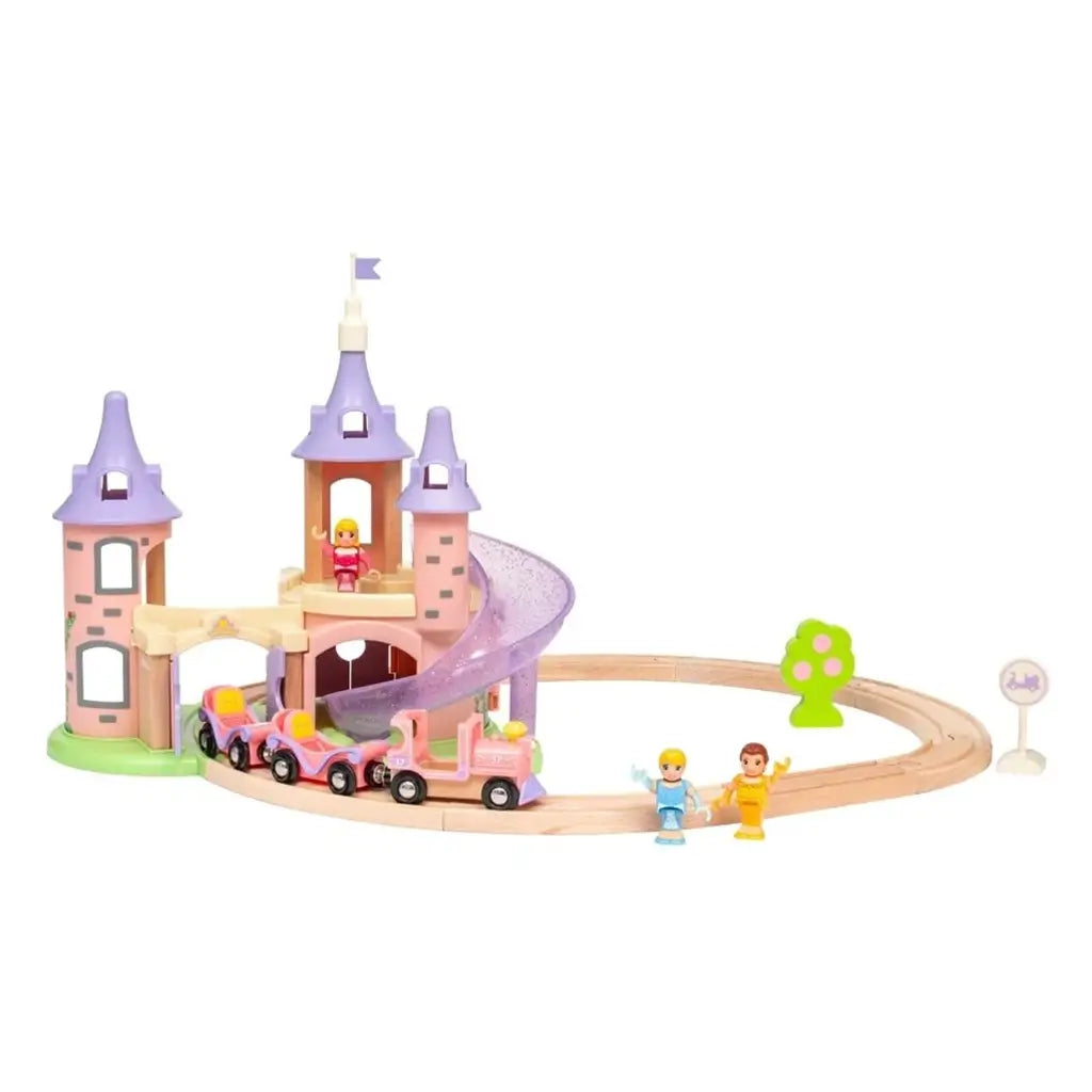 BRIO Disney Princess Castle playset with pastel towers, spiral glitter slide, pink train, and wooden tracks arranged with three princess figures for imaginative roleplay.