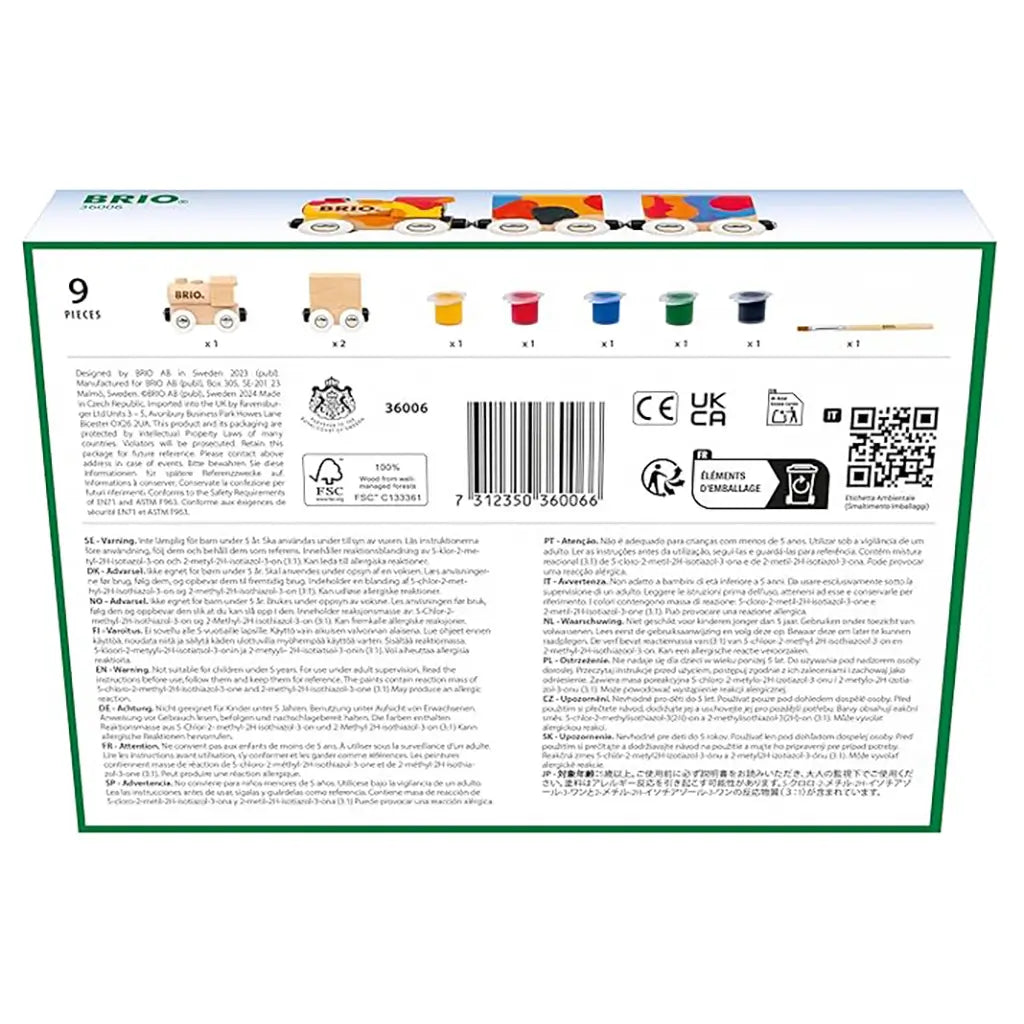 Back of BRIO Paint Train box with detailed contents, safety warnings, barcode, and images of included paints, brush, and three wooden train cars for customization.