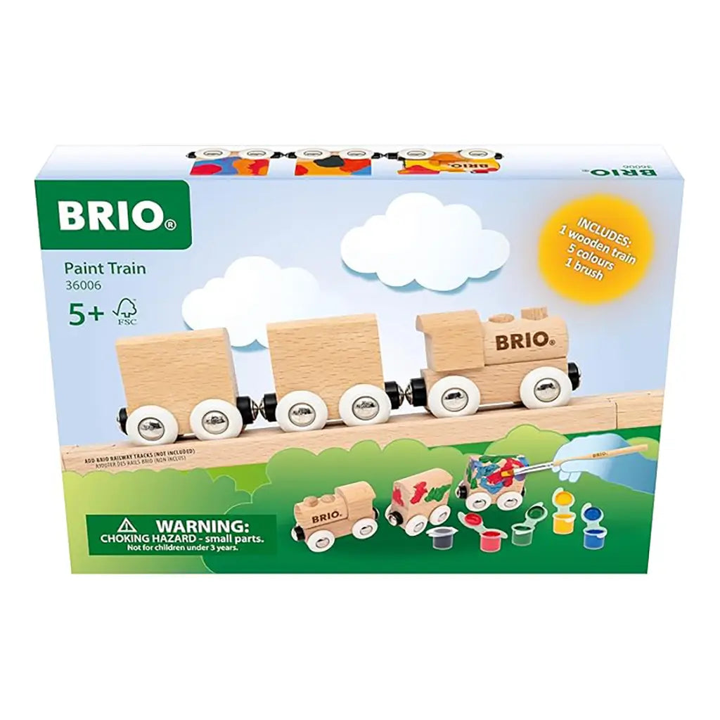 Front packaging of BRIO Paint Train set, displaying three wooden train cars on a track with paints, brush, and branding, designed for children aged 5 and older.