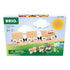 Front packaging of BRIO Paint Train set, displaying three wooden train cars on a track with paints, brush, and branding, designed for children aged 5 and older.