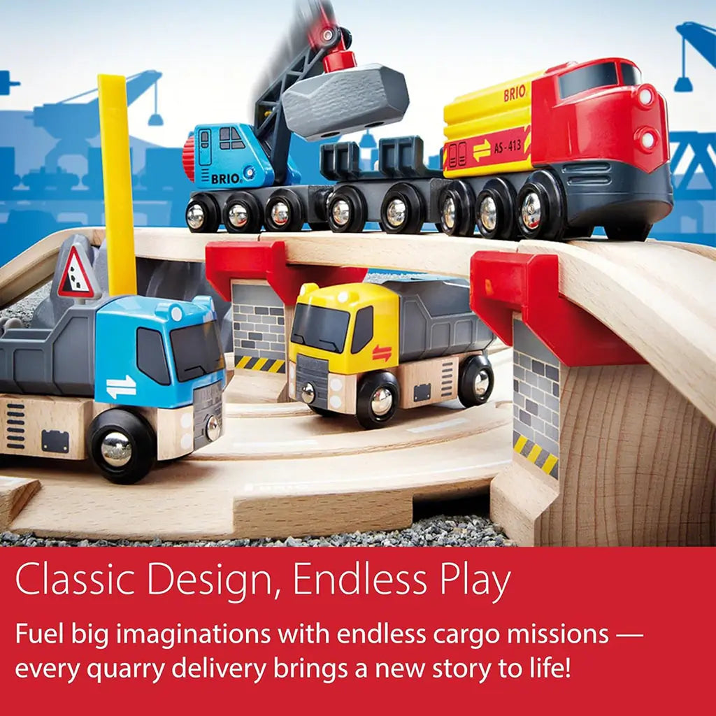 BRIO quarry-themed wooden playset with trucks, crane, and cargo train crossing bridge, highlighting timeless design, imaginative storytelling, and endless play opportunities.