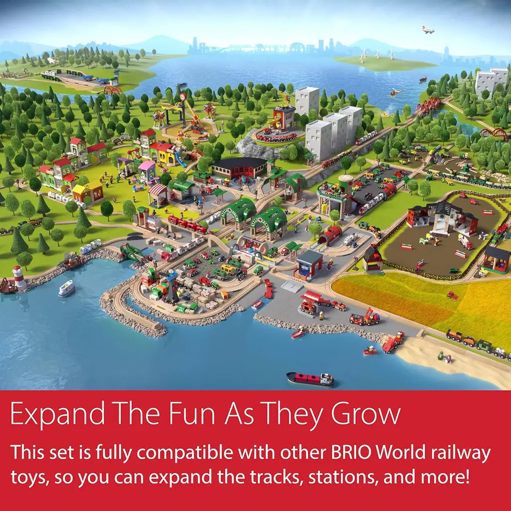 Illustrated BRIO World landscape showing large interconnected railway and roadway systems, highlighting compatibility and expansion with other BRIO railway toys.
