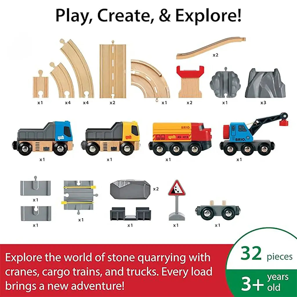 Layout of 32-piece BRIO set including wooden tracks, trucks, crane, cargo train, rocks, road signs, and accessories, promoting creative railway and roadway play for kids.
