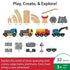 Layout of 32-piece BRIO set including wooden tracks, trucks, crane, cargo train, rocks, road signs, and accessories, promoting creative railway and roadway play for kids.