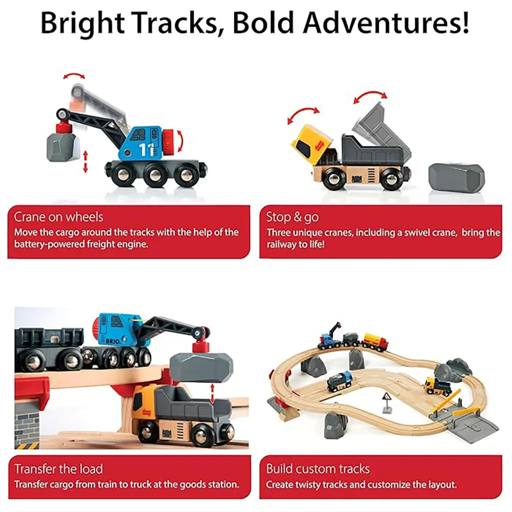 Instruction graphic for BRIO set highlighting crane on wheels, stop-and-go dump truck, cargo transfers, and customizable wooden track layout for creative play.