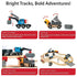 Instruction graphic for BRIO set highlighting crane on wheels, stop-and-go dump truck, cargo transfers, and customizable wooden track layout for creative play.