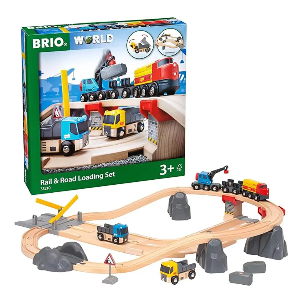 BRIO World rail and road loading set packaging with assembled wooden track, trucks, crane, and train, recommended for children ages 3 and up for interactive play.
