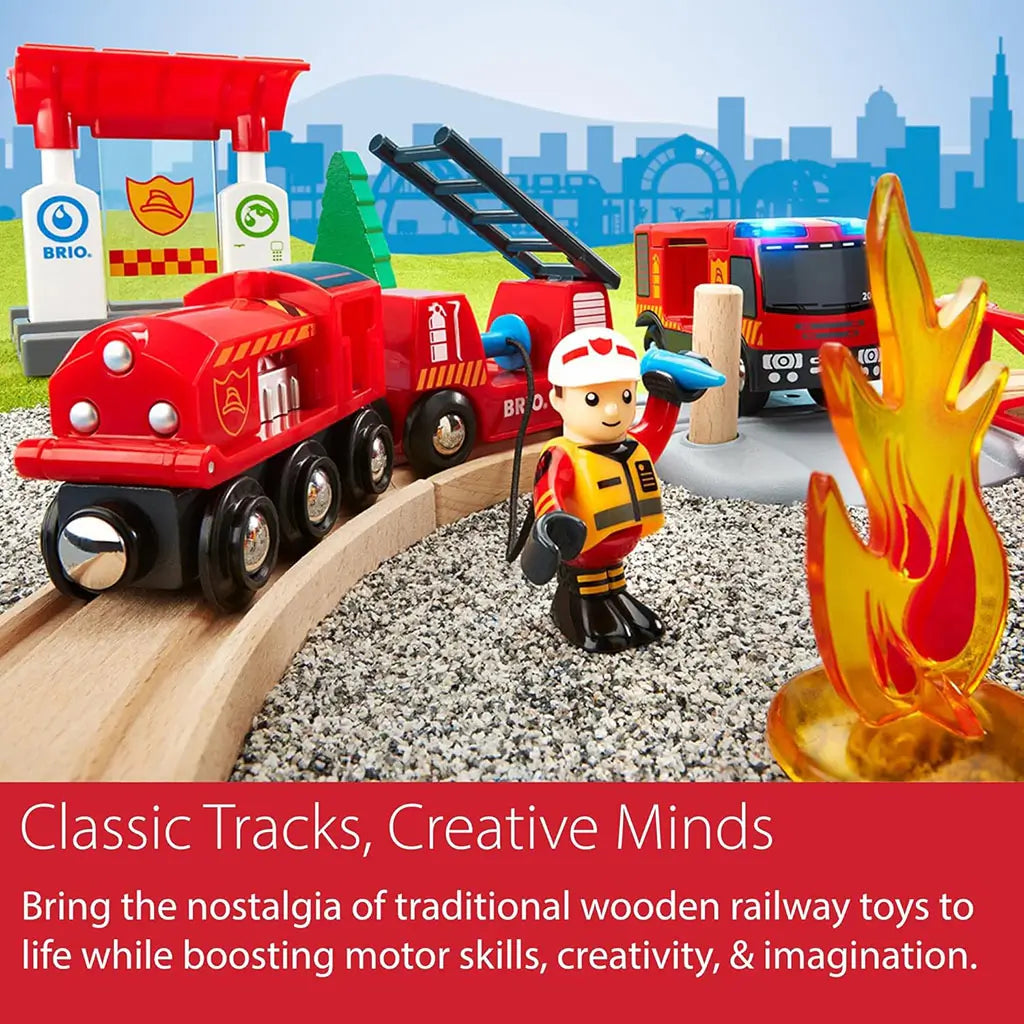 Close-up of BRIO Firefighter Set shows firefighter figure with hose near a flame, red fire engine on wooden tracks, and a backdrop emphasizing creativity and motor skills.