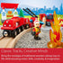 Close-up of BRIO Firefighter Set shows firefighter figure with hose near a flame, red fire engine on wooden tracks, and a backdrop emphasizing creativity and motor skills.