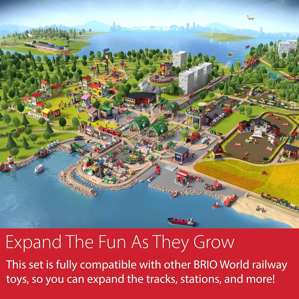 Illustrated town scene highlights BRIO railway world, showing how the Firefighter Set connects with other BRIO tracks, stations, and vehicles for expanded imaginative play.