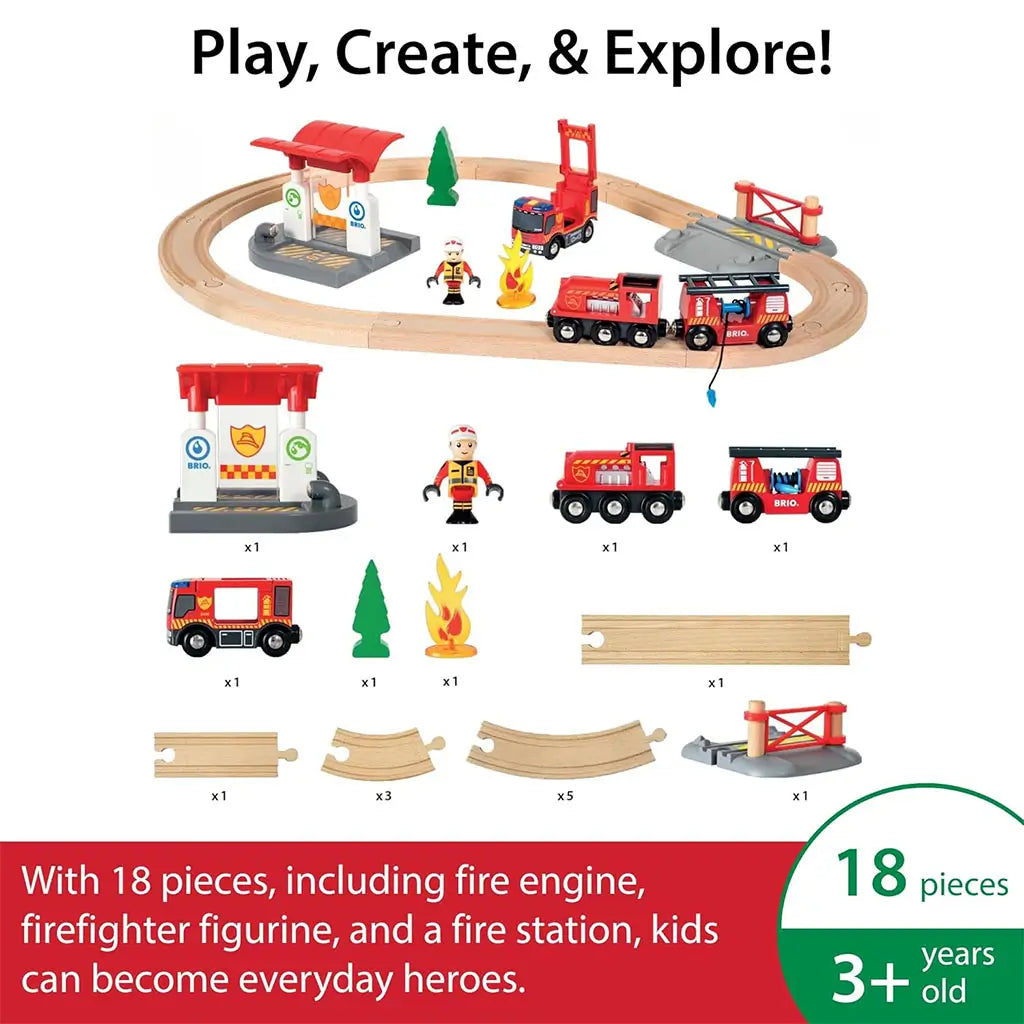 BRIO Firefighter Set includes 18 pieces with red fire engines, fire station, firefighter figurine, tree, flame, wooden tracks, and accessories for interactive emergency play.