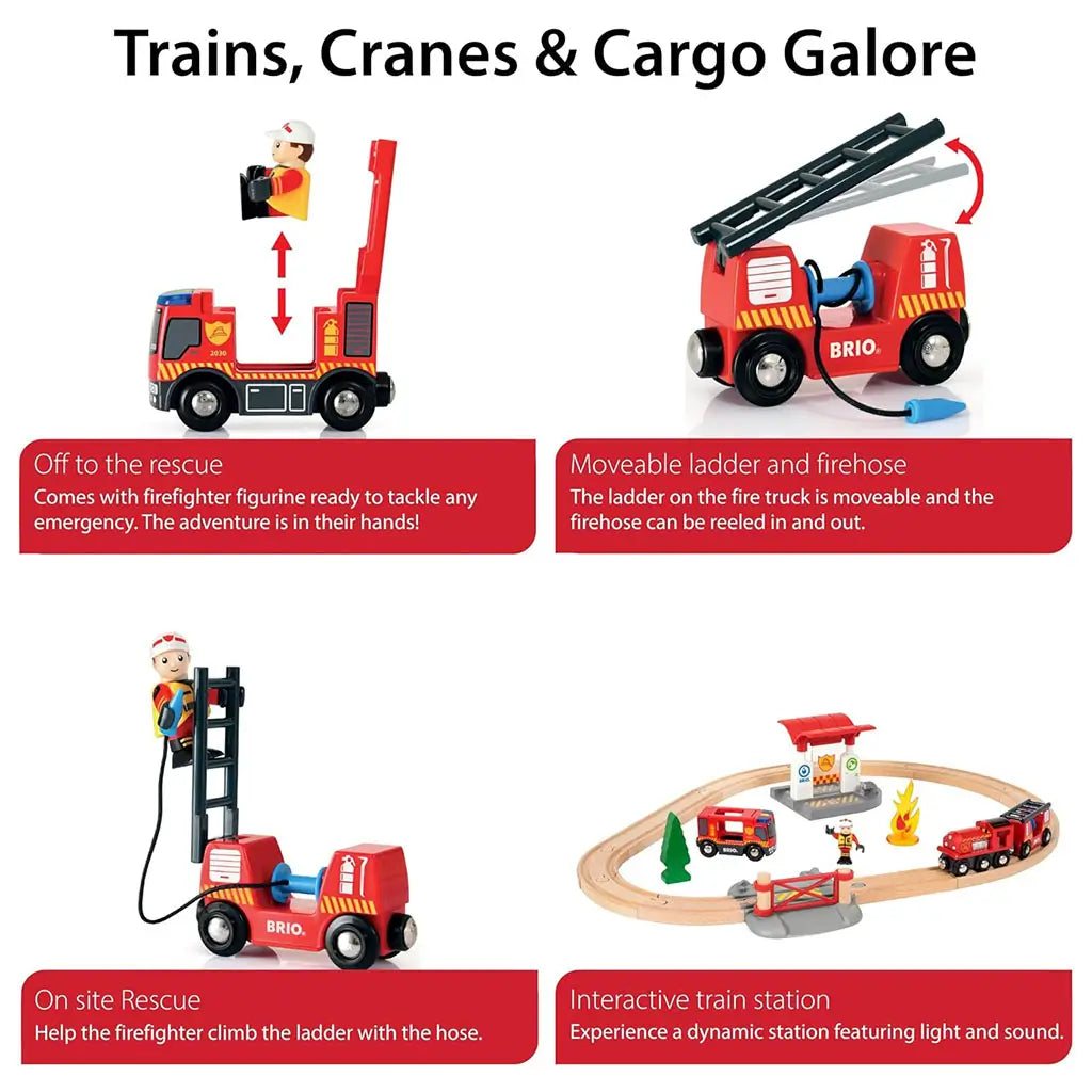 BRIO Firefighter Set highlights features with firefighter climbing ladder, fire truck with reelable hose, moving ladder, and interactive train station with lights and sound.
