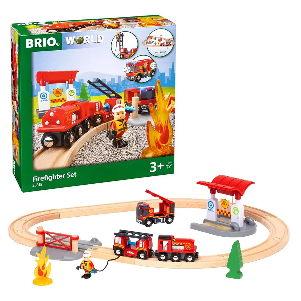 BRIO Firefighter Set box and wooden railway display show red fire engines, fire station, firefighter figure, and flame accessory, designed for children aged 3 and older.