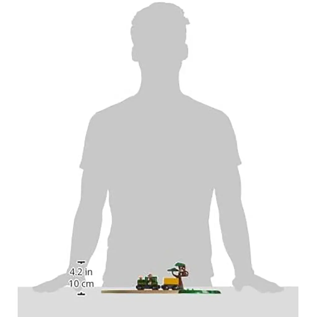 BRIO Safari Railway Set display shows scale with silhouette of an adult, highlighting compact size of 4.2 inches high toy including tracks, train, ranger, monkey, and tree.