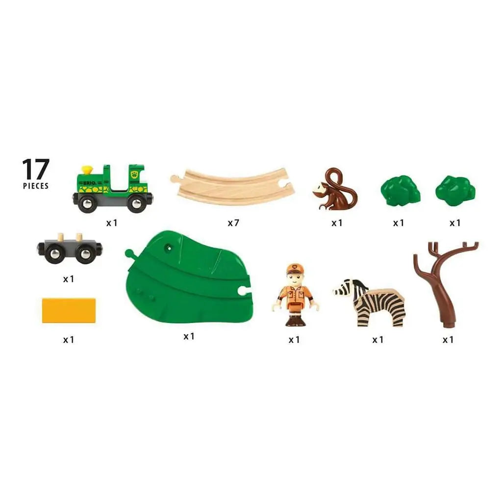 BRIO Safari Railway Set includes 17 wooden and plastic pieces such as a green train, zebra, ranger figure, monkey, trees, curved tracks, and accessories for imaginative play.
