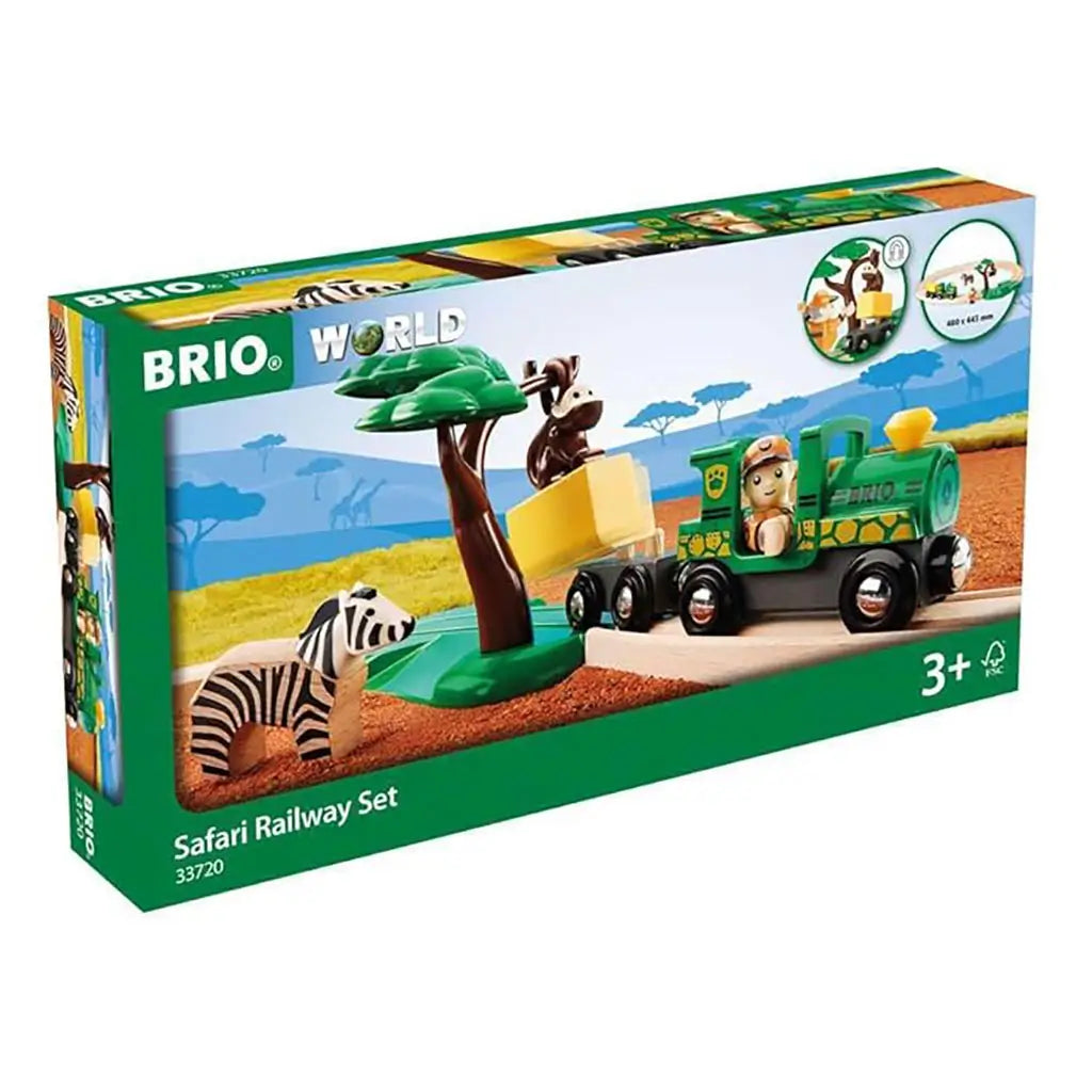 BRIO Safari Railway Set front package shows green train, zebra, and monkey play feature with tree and yellow block, designed for children ages 3 and up with colorful savanna scene.