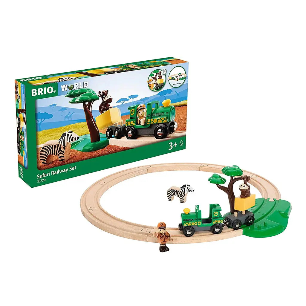 BRIO Safari Railway Set box and assembled train set feature wooden circular tracks, a green safari engine, ranger figure, zebra, and monkey play function with tree and block.