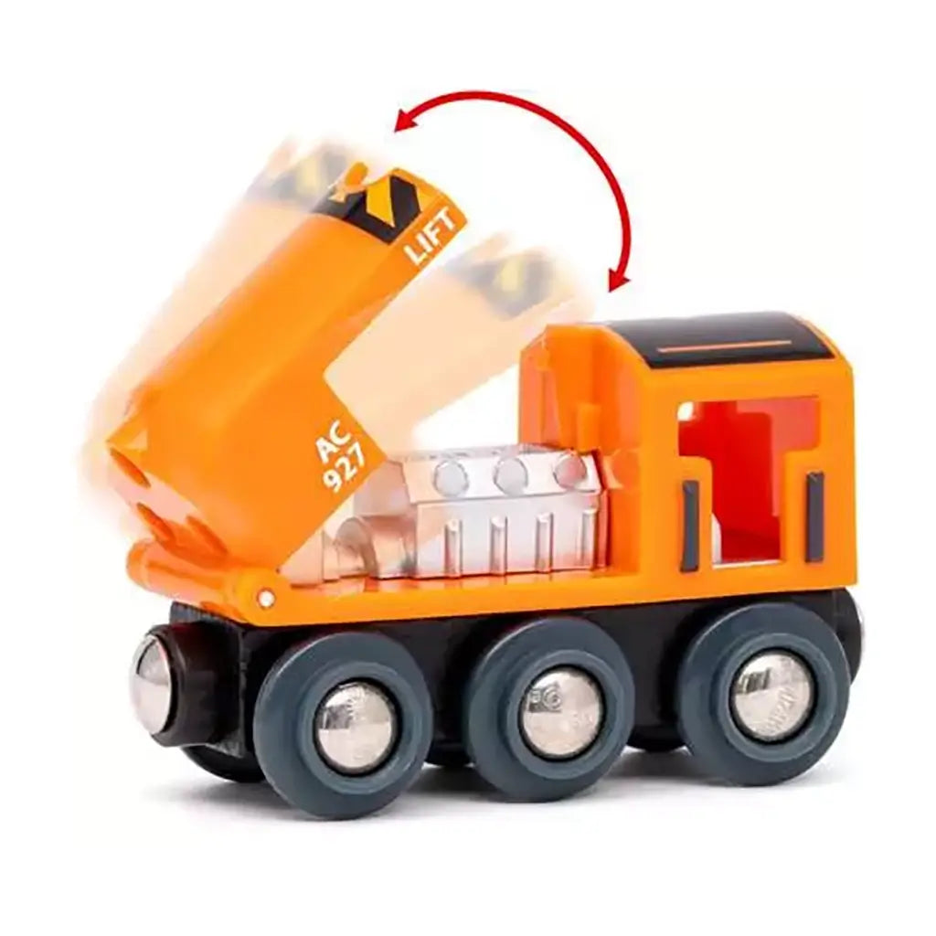 BRIO World orange cargo train with black wheels and lifting container, designed for transporting wooden blocks and integrating with wooden track system for play.
