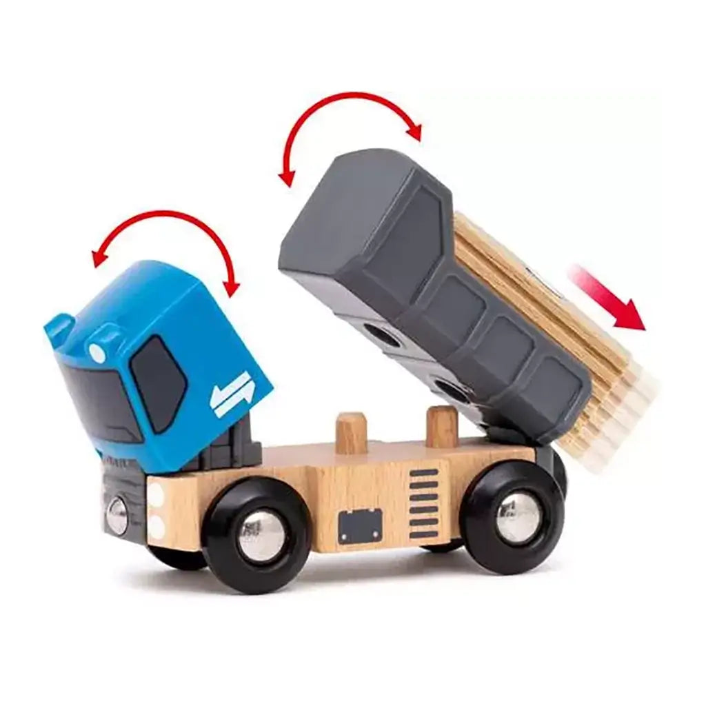 BRIO World wooden cargo truck with blue cab and gray bed, designed with tilting dump function to carry and unload small wooden blocks for roleplay fun.