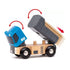 BRIO World wooden cargo truck with blue cab and gray bed, designed with tilting dump function to carry and unload small wooden blocks for roleplay fun.