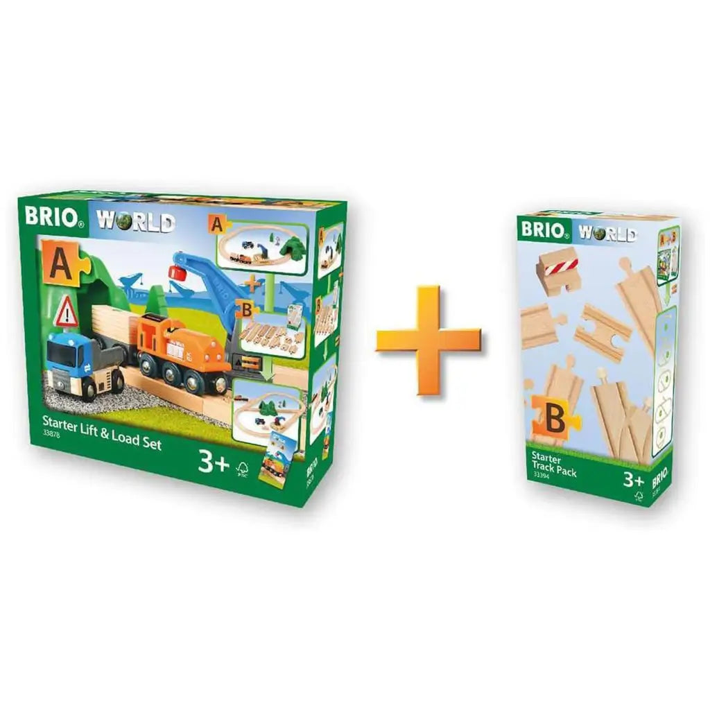 BRIO World Starter Lift and Load Set with colorful box packaging shown alongside compatible Starter Track Pack, designed for children ages 3 and up to expand wooden train play.