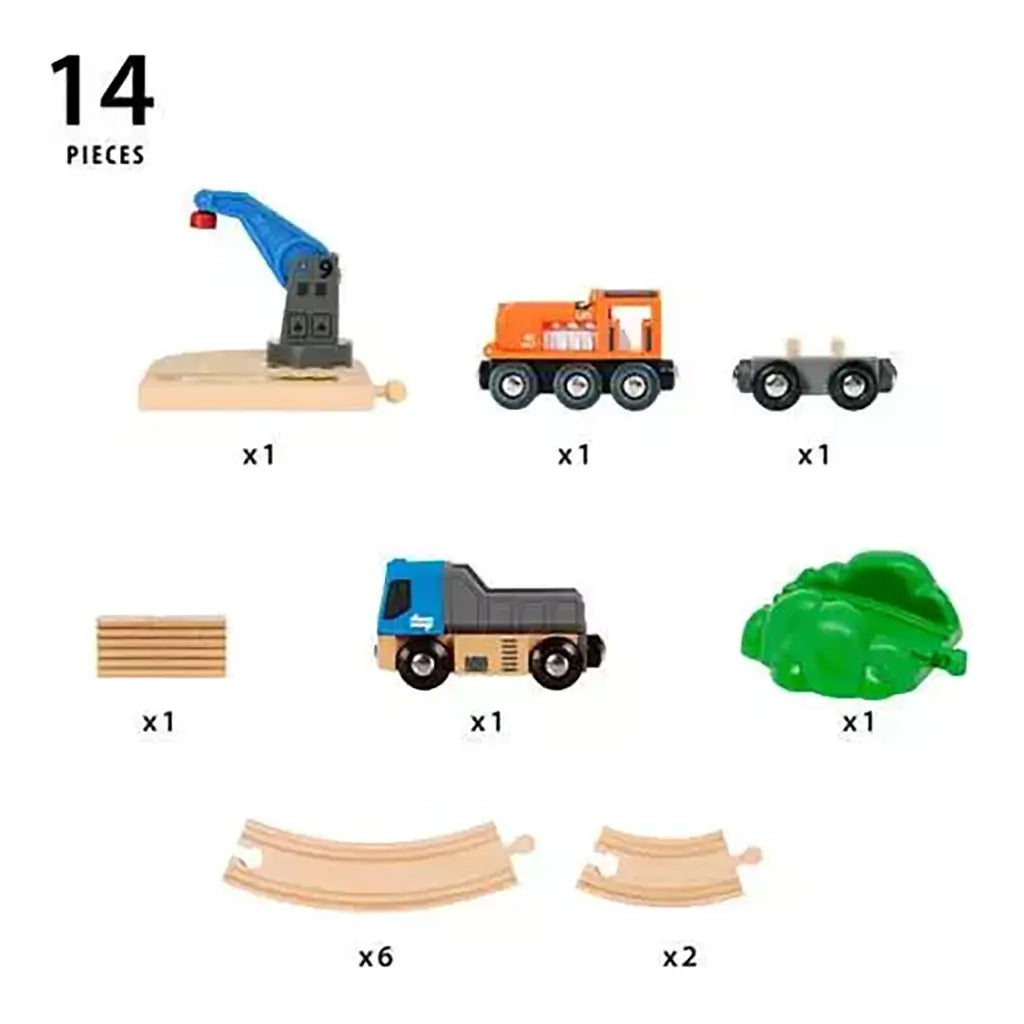BRIO World Starter Lift and Load Set contents displayed with 14 pieces including wooden tracks, crane, cargo train, truck, logs, green tunnel, and connector accessories.