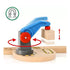 BRIO World Starter Lift and Load Set crane with blue magnetic arm and red knob, shown lifting wooden block cargo with 360-degree rotation and up-and-down movement feature.