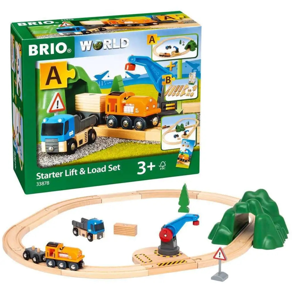 BRIO World Starter Lift and Load Set box with wooden track layout displayed, featuring crane, train, truck, and accessories, recommended for ages 3 and older.