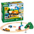BRIO World Starter Lift and Load Set box with wooden track layout displayed, featuring crane, train, truck, and accessories, recommended for ages 3 and older.