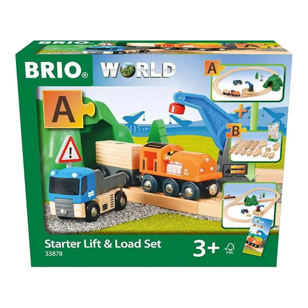 BRIO World Starter Lift and Load Set packaging in green box, showing wooden train track, crane, orange cargo engine, blue truck, and accessory pieces for imaginative play.