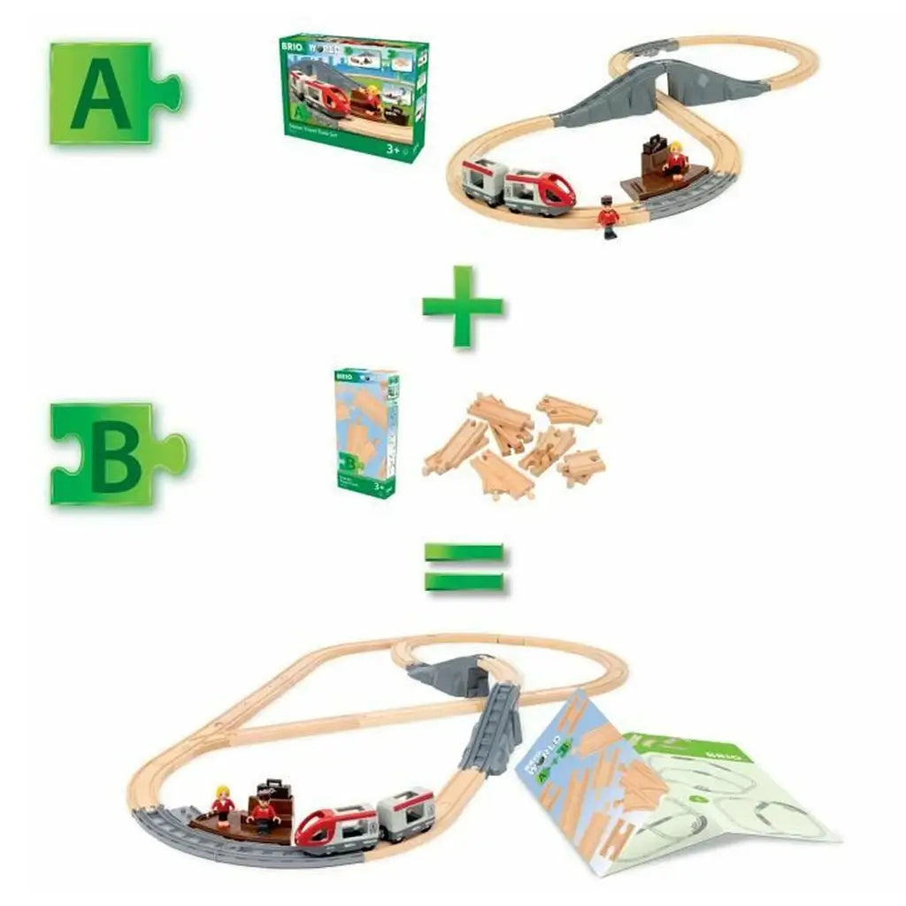 BRIO World Starter Track Pack shown combined with Starter Travel Train Set, expanding the wooden railway layout into a larger figure-eight track with bridge.