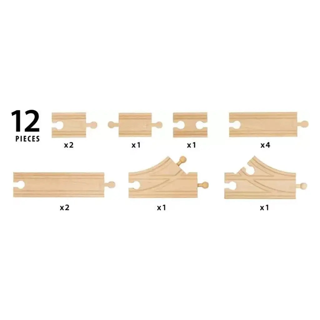 BRIO Starter Track Pack layout showing 12 wooden track pieces including straights, curves, and junctions, each labeled with quantity for easy building reference.